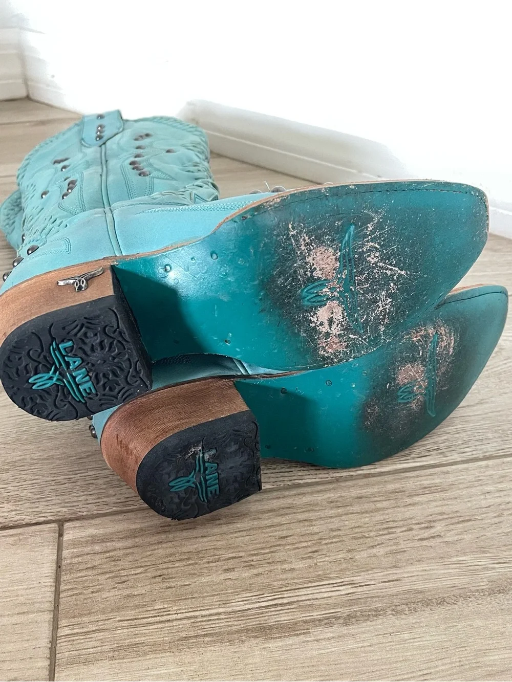 Lane Cossette Turquoise Tall Western Braided Studded Snip Toe Boots
